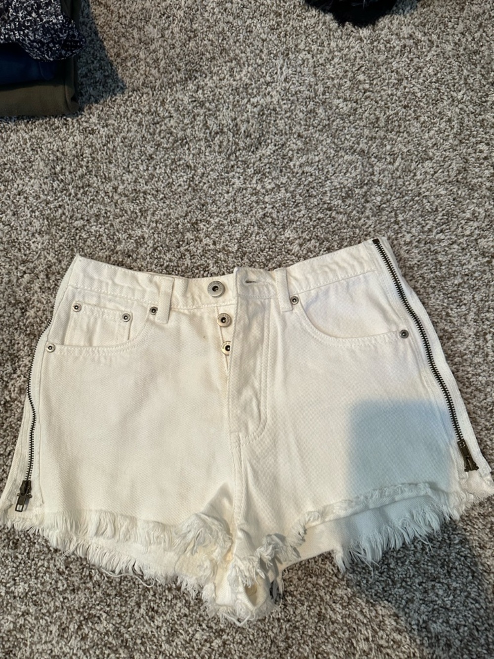 Dance & Marvel White Frayed Denim Shorts with Side Zippers
